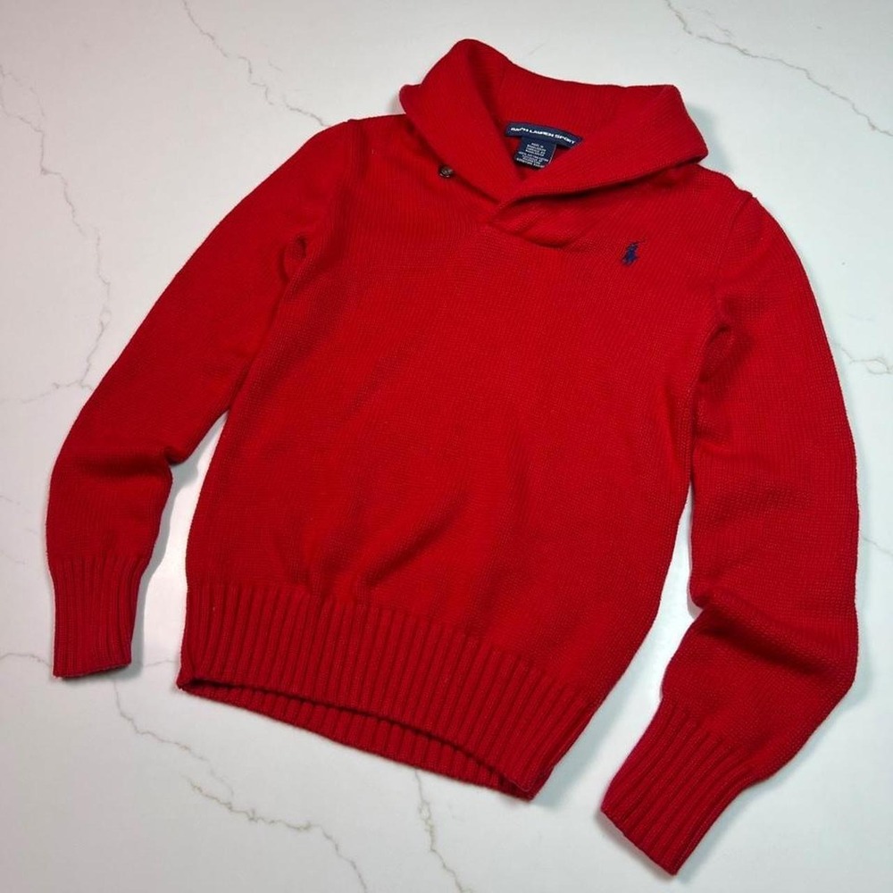 Ralph Lauren Sport Sweater Womens Small Red Shawl Collar Cotton Knit Pullover